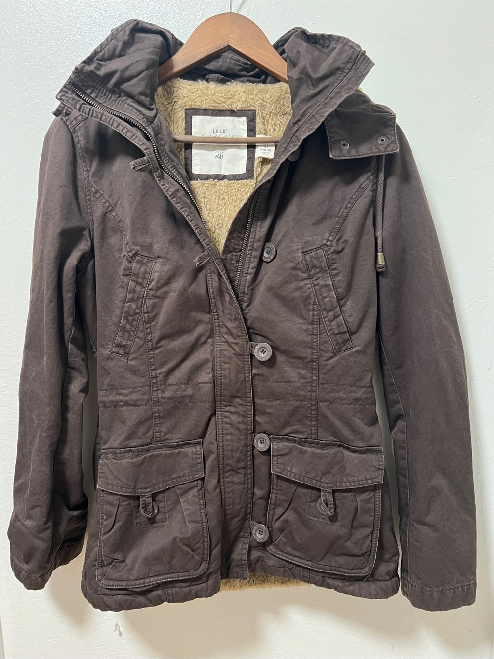 H&M Women's Dark Brown Hooded Utility Jacket with Sherpa Lining